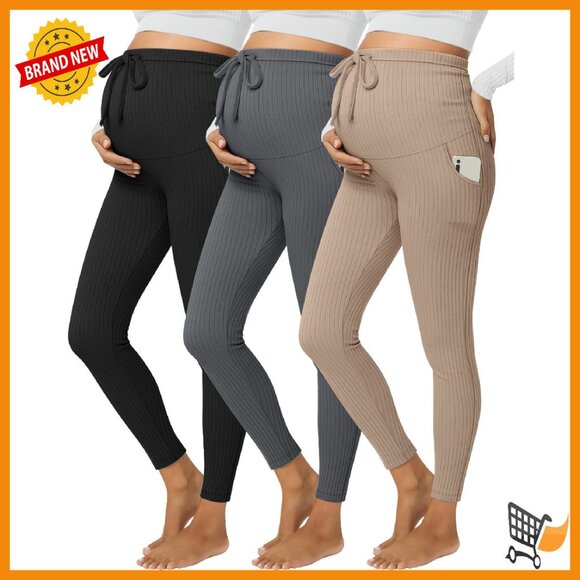 Maternity Leggings 3 Pack Cotton Ribbed Drawstring Yoga Active Pants